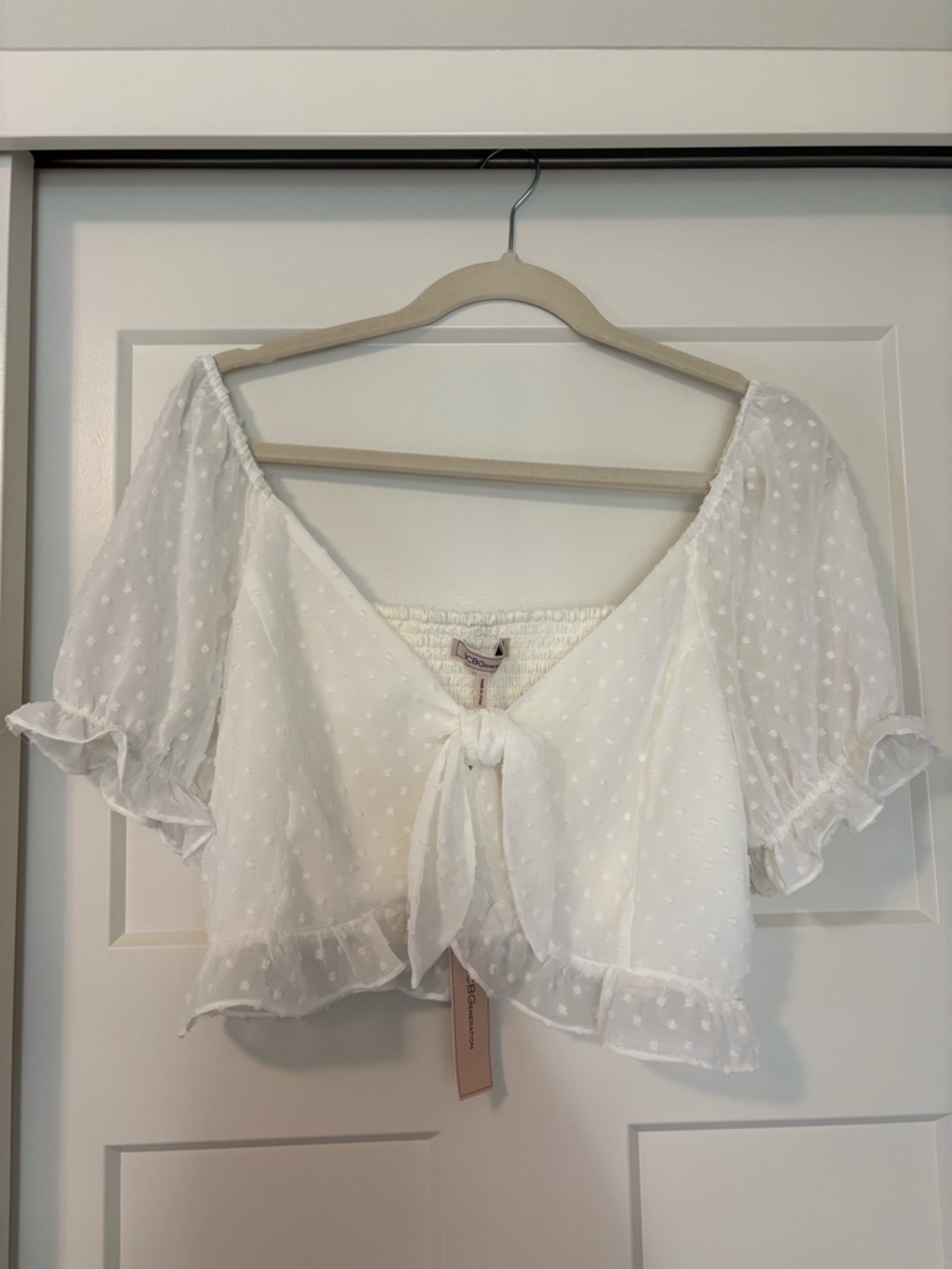 BCBGeneration White Swiss Dot Tie-Front Crop Top